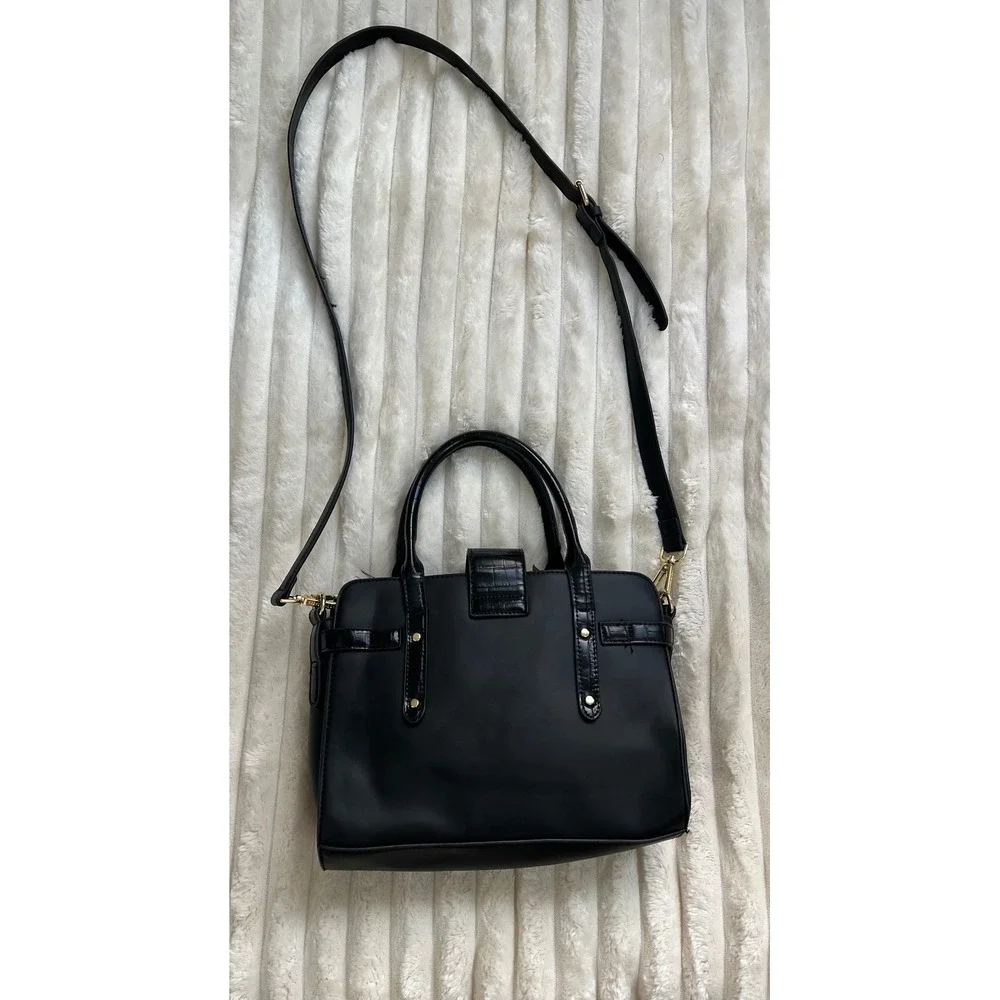 Steve Madden Black Croc Trim Satchel Crossbody Bag Gold Hardware SM Logo Handbag